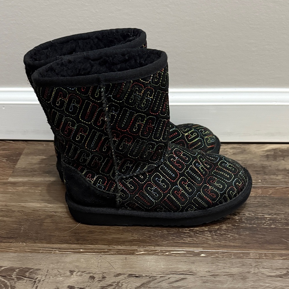 UGG Kids Black Boots with Rainbow Logo